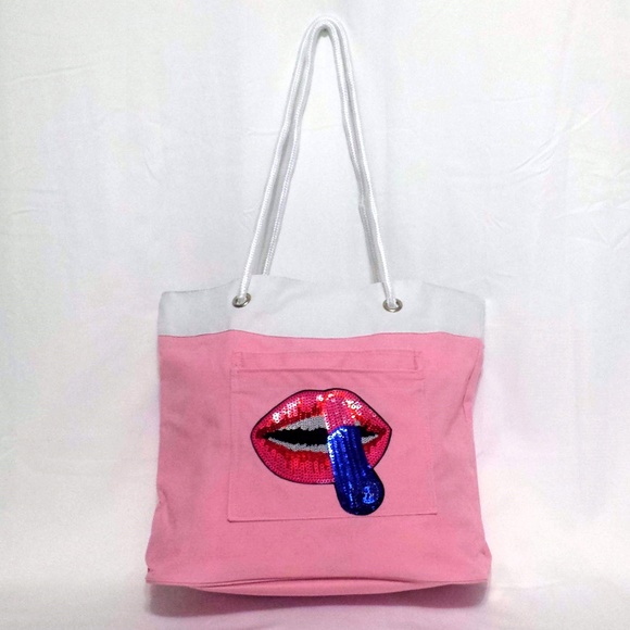 Pinky Lemonade Handbags - Ballerina Pink Canvas Bag with Lips and Lipstick